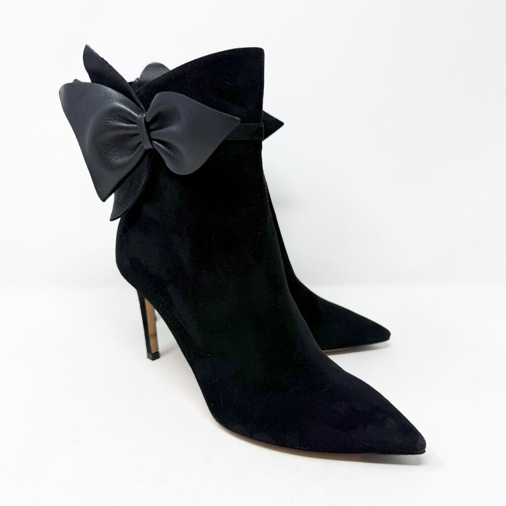 Jimmy Choo Black Suede Stiletto Booties 37.5 Bow Accent Side Zip Made in Italy